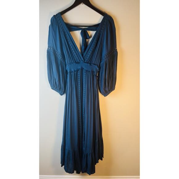 Free People Endless Summer Marysia Maxi Dress Blue Vneck Bohemian Crochet S NWOT - Picture 2 of 10